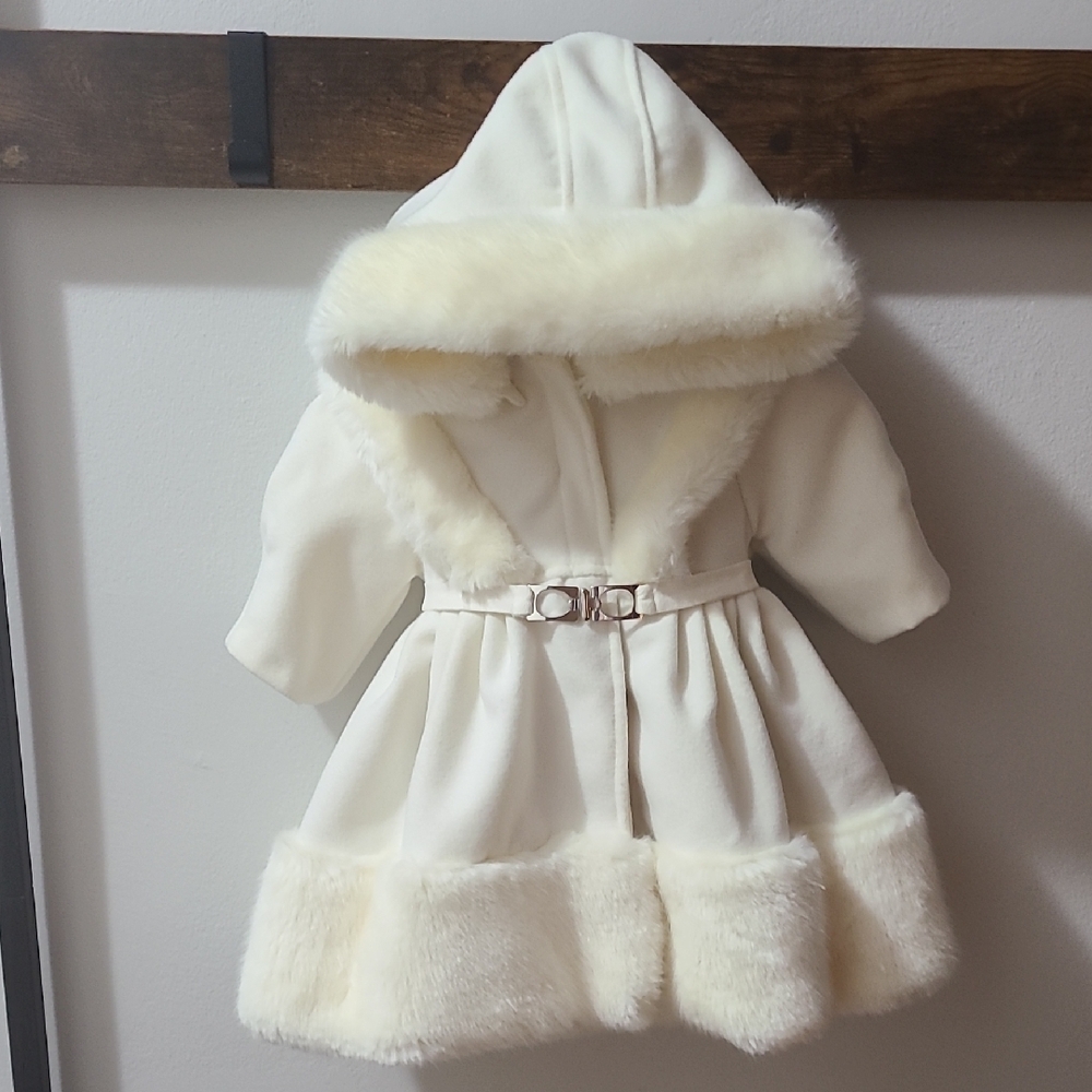 Winter White Cream Hooded Coat with Fur Trim